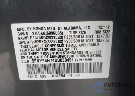 2013 Honda Pilot Ex-L from USA, damaged, VIN 5FNYF4H74DB030491